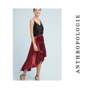 Anthropologie Burgundy Satin High-Low Ruffle Skirt